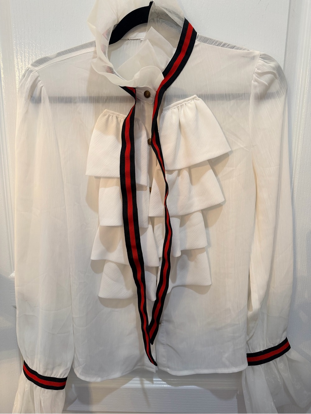 Vintage White Sheet Ruffle Blouse with Navy & Red Ribbon amazing Gold Buttons - Picture 3 of 11